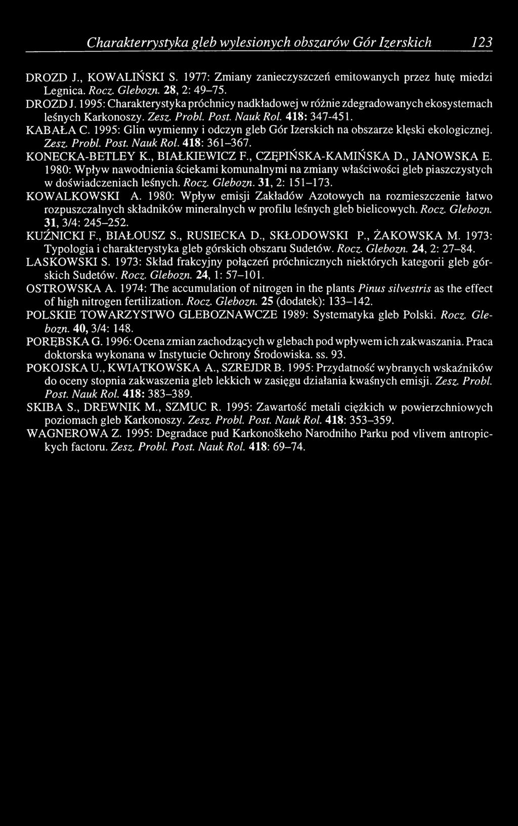 1995: Glin wymienny i odczyn gleb Gór Izerskich na obszarze klęski ekologicznej. Zesz. P ro b l Post. Nauk Roi. 418: 361-367. KONECKA-BETLEY K., BIAŁKIEWICZ F., CZĘPIŃSKA-KAMIŃSKA D., JANOWSKA E.