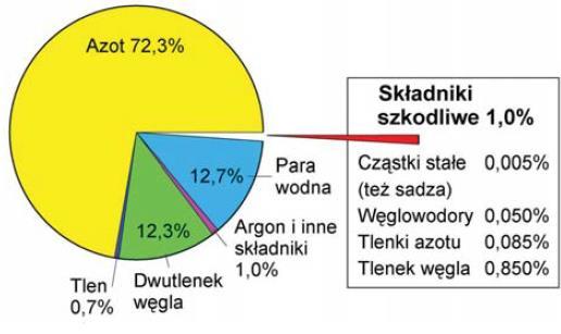 Składniki spalin silnika ZI Mieszanka stechiometryczna dla λ = 1 spala się według równania chemicznego: n n CmH n m O2 mco2 H2O 4 2 (2) Zgodnie z powyższym równaniem masa tlenu jest idealnie dobrana