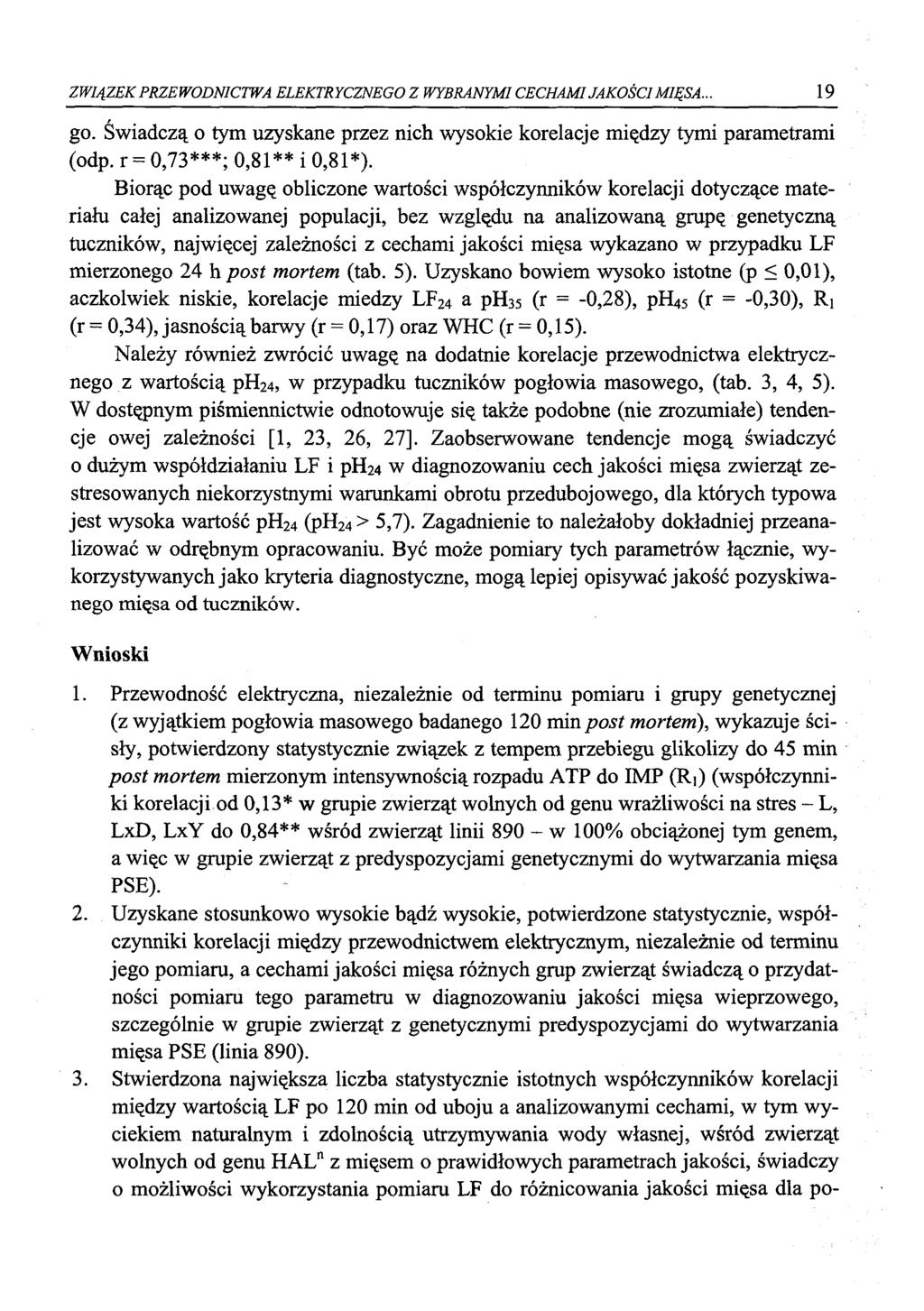 ZWIĄZEK PRZEWODNICTWA ELEKTRYCZNEGO Z WYBRANYMI CECHAMI JAKOŚCI MIĘSA.. 19 go. Świadczą o tym uzyskane przez nich wysokie korelacje między tymi parametrami (odp. r = 0,73***; 0,81** i 0,81*).