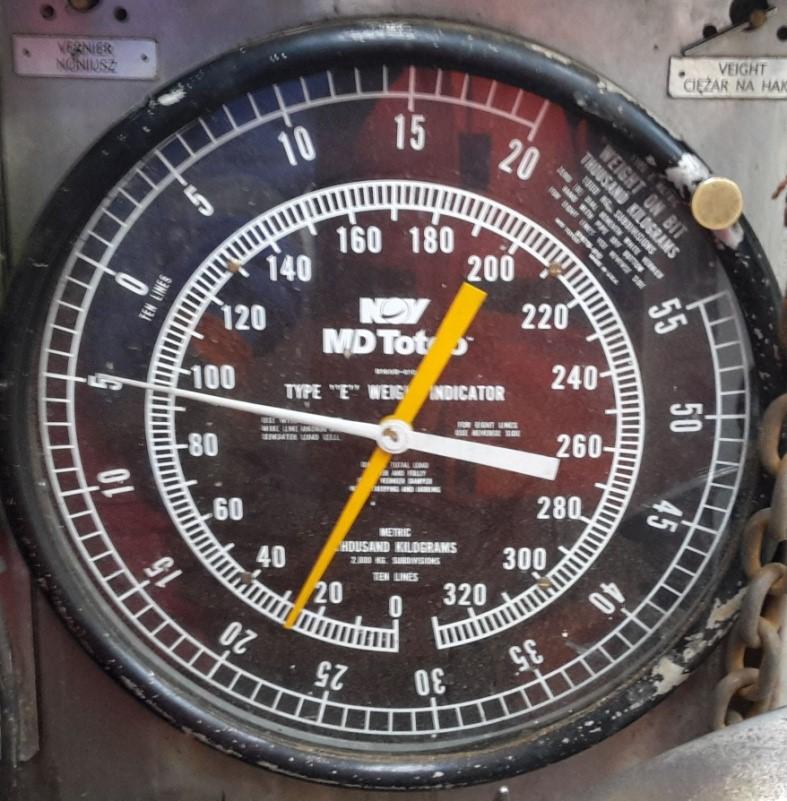 Zadanie 15. Na podstawie wskazań ciężarowskazu, przedstawionego na rysunku, określ wielkość nacisku na świder. A. 94 T B. 31 T C. 22 T D. 5 T Zadanie 16.