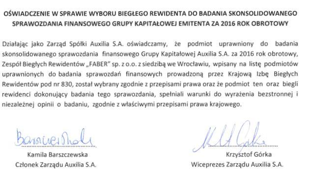 5. ZAŁĄCZNIKI SPRAWOZDANIE FINANSOWE Załącznik nr 1 - Skonsolidowane sprawozdanie finansowe Grupy Kapitałowej AUXILIA S.A. za rok obrotowy od 1 stycznia 2016 r. do 31 grudnia 2016 r.