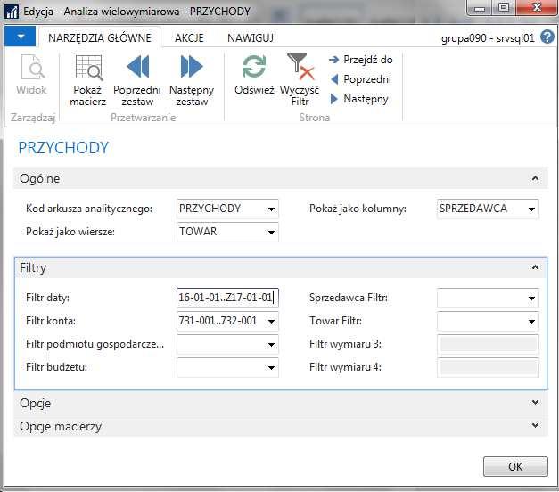 Uzupełniamy pola w zakładce Ogólne : Kod arkusza analitycznego wybieramy PRZYCHODY Pokaż jako wiersze wybieramy np.: TOWAR Pokaż jako kolumny wybieramy np.
