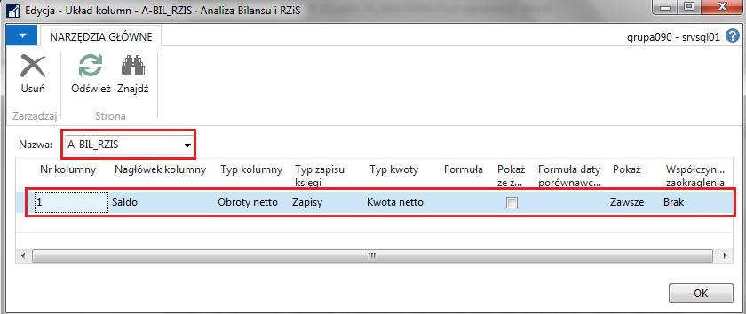 Edytujemy nowy układ kolumn i definiujemy jakie kolumny i z którymi stronami kont (debet czy kredyt) ma