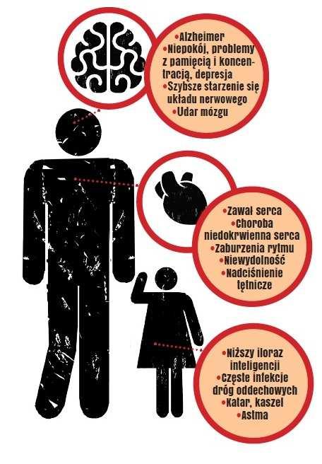 alergie, nadpobudliwość oraz niższy iloraz inteligencji u dzieci. Zanieczyszczenie powietrza ma wpływ na stan zdrowia osób chorujących na przewlekłe choroby układu krążenia i układu oddechowego.
