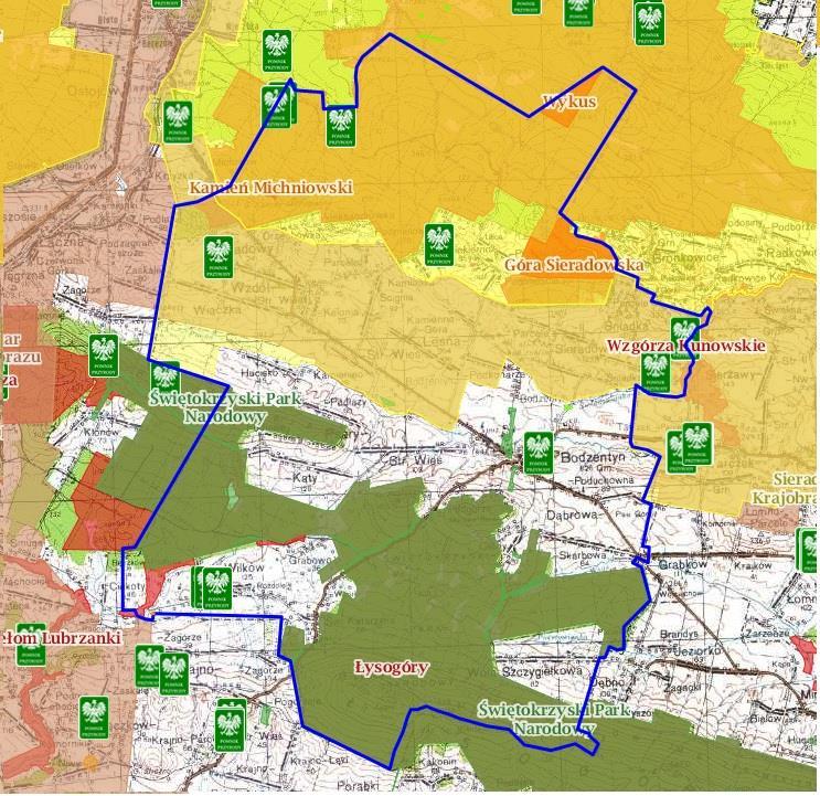 Poniższa mapa prezentuje obszary chronione na terenie Gminy Bodzentyn. Mapa 2: Obszary chronione na terenie Miasta i Gminy Bodzentyn Źródło: http://geoserwis.gdos.gov.
