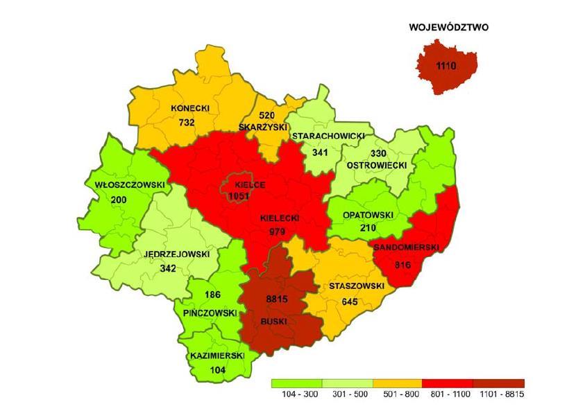 odwiedzający województwo świętokrzyskie w 2014r. najczęściej korzystali z noclegów w Kielcach 122,3 tyś (25,6% ogółu korzystających) w powiecie kieleckim 98-8 tyś.