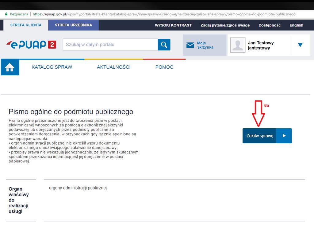 System epuap przenosi użytkownika na stronę umożliwiającą wypełnienie Pisma ogólnego do podmiotu