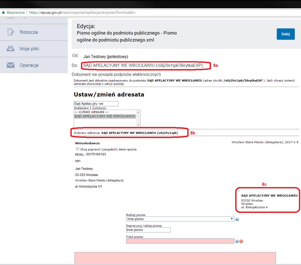 Skuteczne dokonanie wyboru instytucji (w przykładzie jest to Sąd Apelacyjny we Wrocławiu), do której kierowane jest pismo