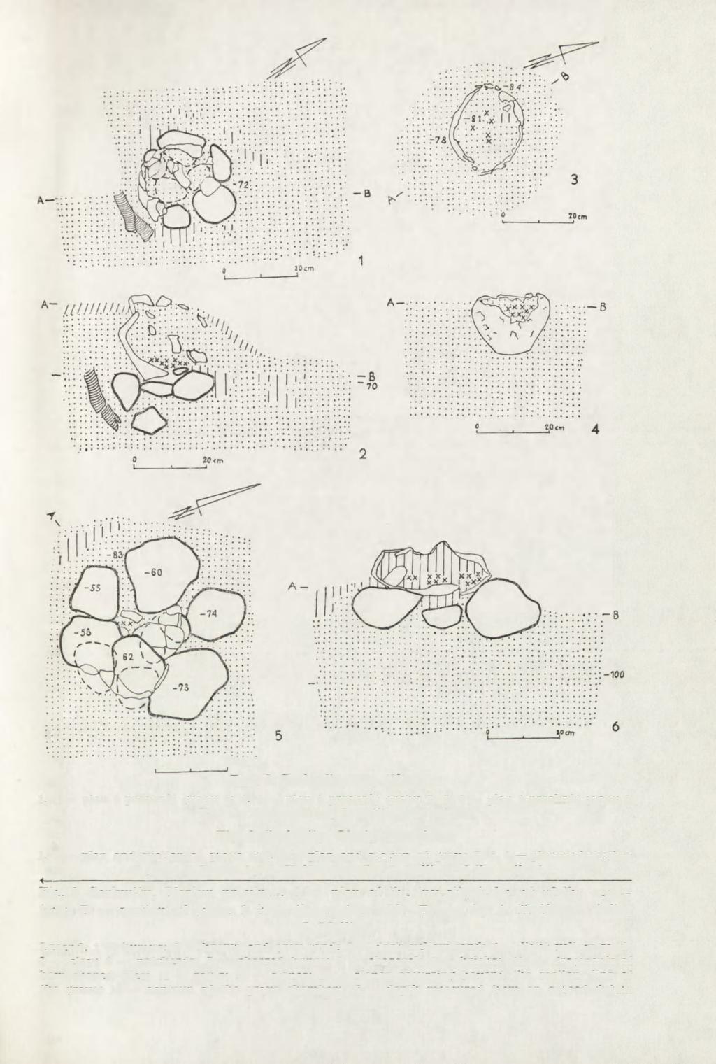 0 20 cm ^ Ryc. 3. Sorkwity, woj. Olsztyn: 1, 2 plan ł przekrój grobu 2; 3, 4 plan i przekrój grobu 7; 5, 6 plan i przekrój grobu 3 Rys. A. Hoffmann (wg I. Mellin oraz autora) Fig. 3. Sorkwity, Olsztyn province: 1, 2 plan and section of grave 2; 3, 4 plan and section of grave 7; 5, 6 plan and section of grave 3.