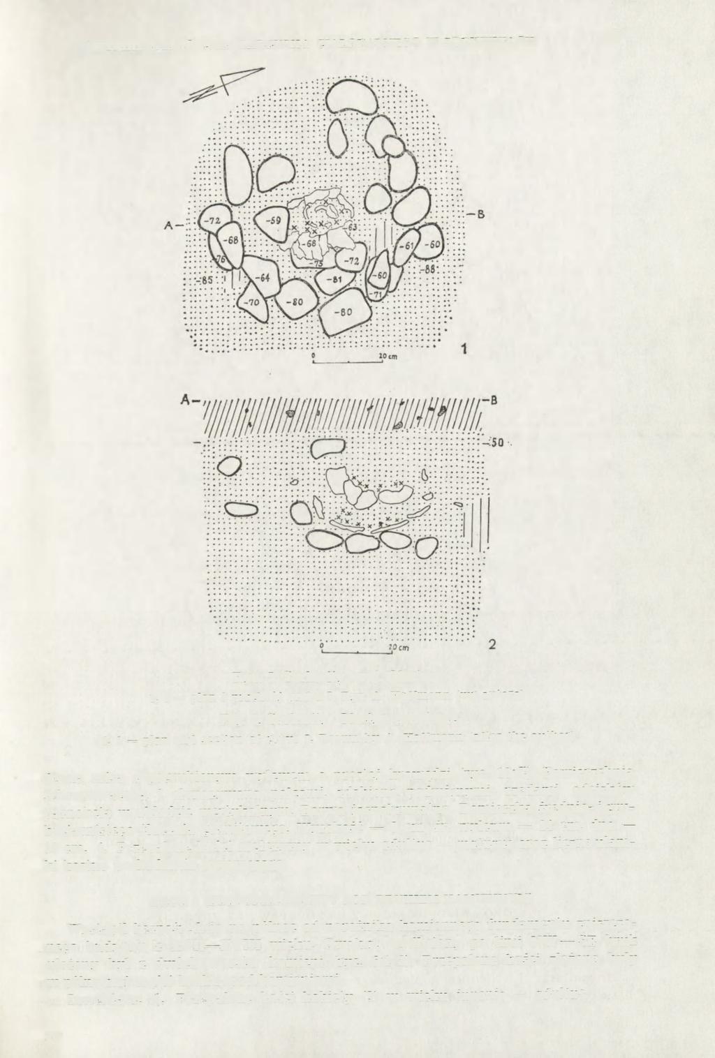 WYNIKI BADAŃ CMENTARZYSKA CIAŁOPALNEGO W SORKWITACH 165 Ryc. 5. Sorkwity, woj. Olsztyn: 1, 2 plan 1 przekrój grobu 5. Rys. A. Hoffmann (wg autora) Fig. 5. Sorkwity, Olsztyn province: 1, 2 plan and section of grave 5.