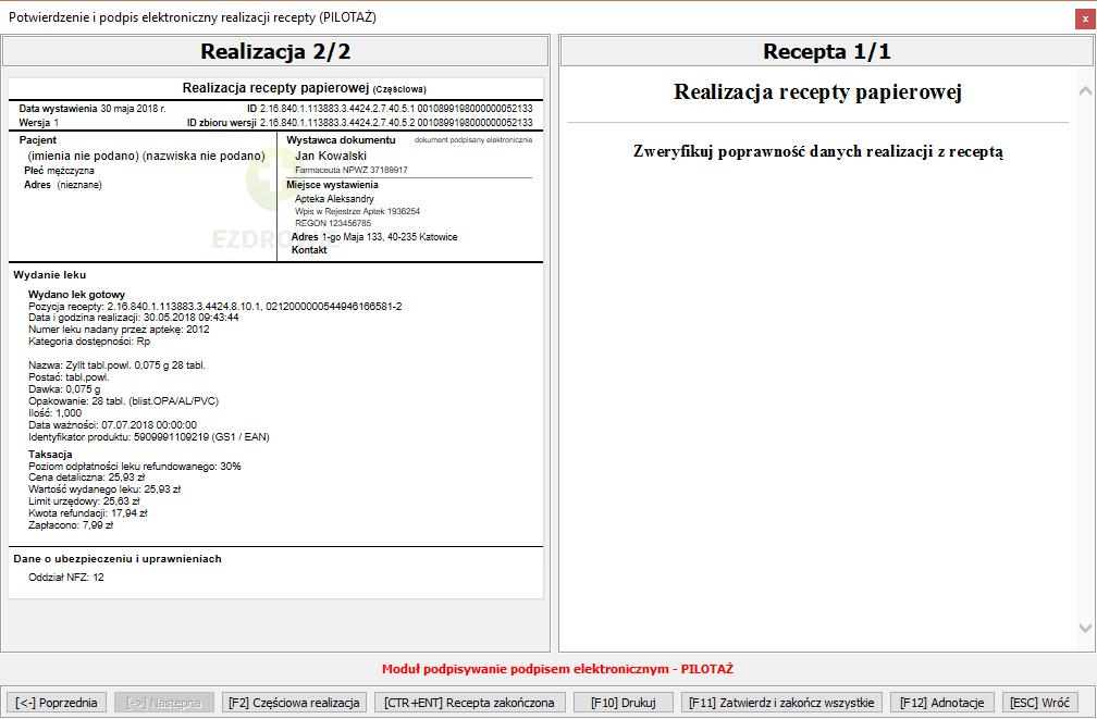 Obsługa e-recepty w systemie Rysunek 114 Dokument Realizacji Recepty 2/2 Zapoznaj się z informacjami na dokumencie realizacji recepty.