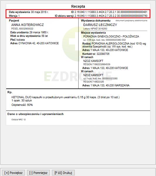 Obsługa e-recepty w systemie Rysunek 127 E-recepta - sekcja danych recepty Powyżej zaznaczono sekcję, w której znajdziesz informacje o