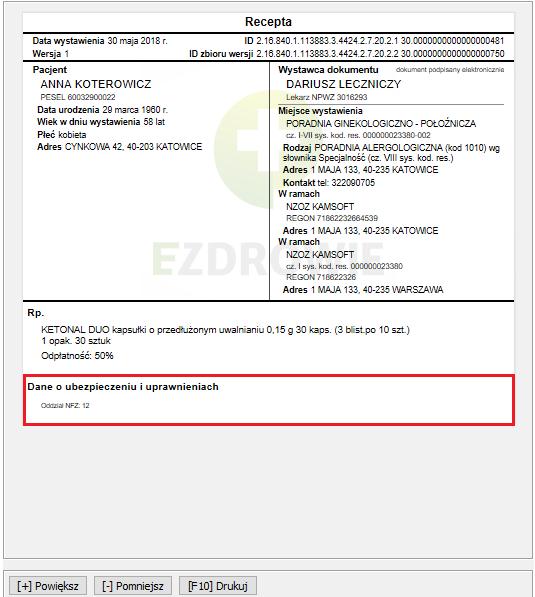 Obsługa e-recepty w systemie Zaznaczona powyżej sekcja to informacje o zaordynowanym leku.