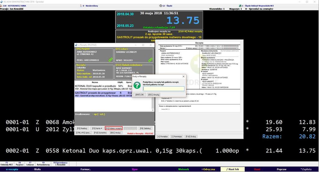 Obsługa e-recepty w systemie Rysunek 37 Sprzedaż kolejnej recepty Po zakończeniu obsługi pacjenta i wybraniu klawisza * Zapłata zobaczysz okno z