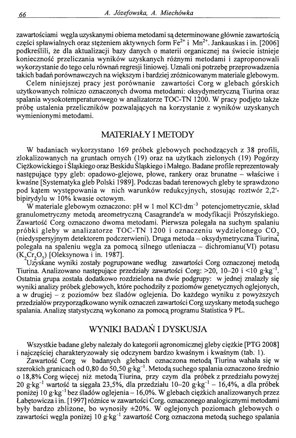 66. A. Józefowska, A. Miechówka zawartościami węgla uzyskanymi obiema metodami są determinowane głównie zawartością części spławialnych oraz stężeniem aktywnych form Fe2+ i Mn2+. Jankauskas i in.