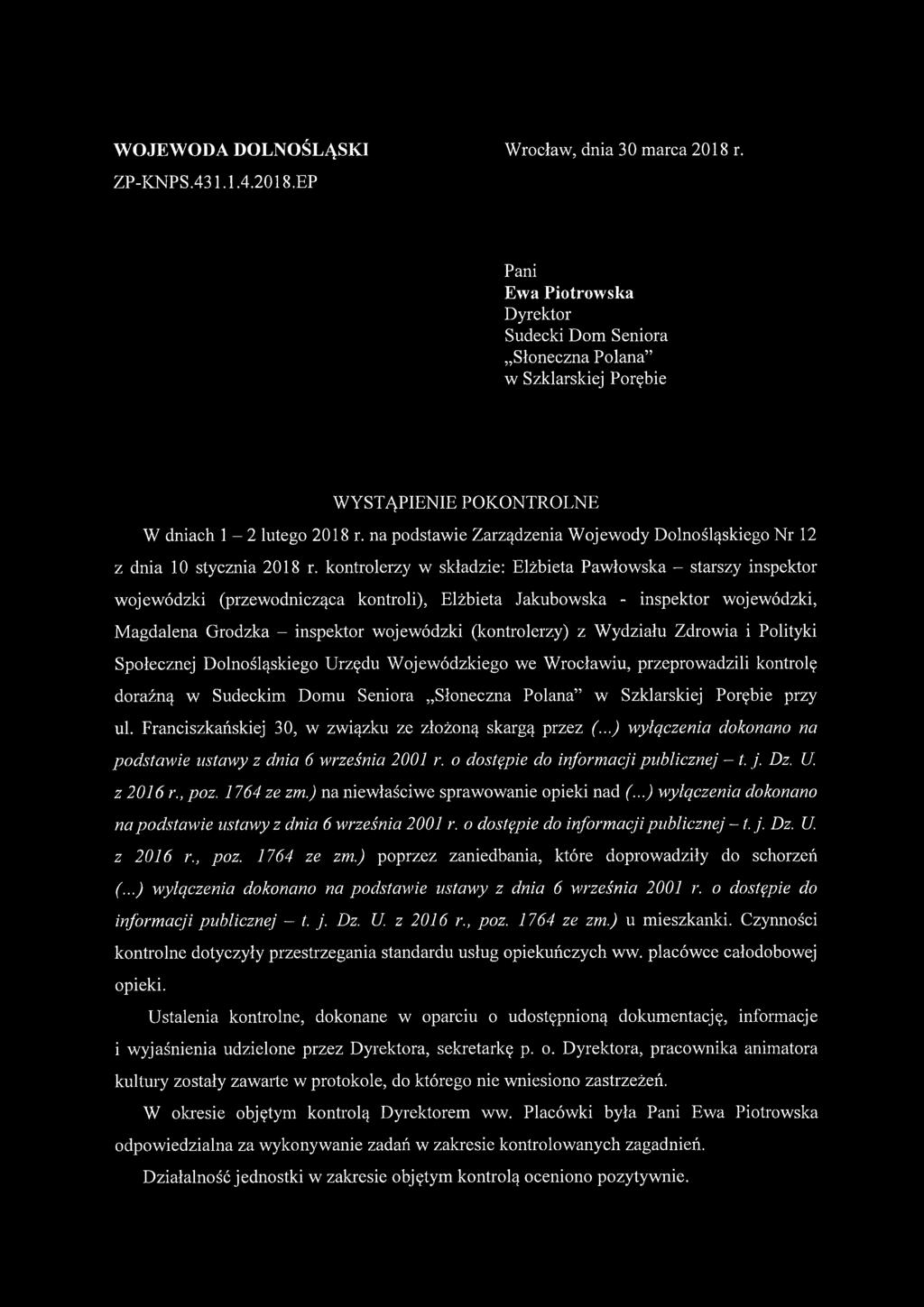 na podstawie Zarządzenia Wojewody Dolnośląskiego Nr 12 z dnia 10 stycznia 2018 r.