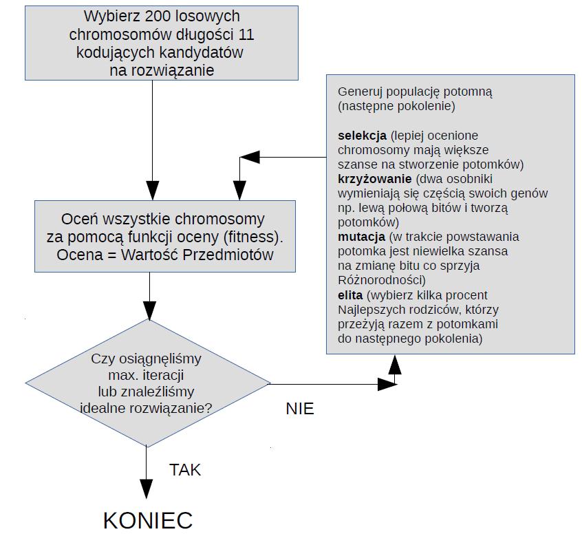 d) Najważniejszy etap to zdefiniowanie funkcji fitness. Funkcja ta, dla chromosomu chr na wejściu, oblicza i zwraca, ile wynosi wartość wszystkich przedmiotów przez niego wskazanych.