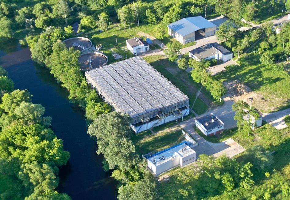 Widok z lotu ptaka na Miejską Oczyszczalnię Ścieków w Sochaczewie KONTRAKT NR 2 - Rozbudowa kanalizacji sanitarnej na osiedlu Rozlazłów i Karwowo Wykonawca robót: Konsorcjum: IDS-BUD Spółka Akcyjna