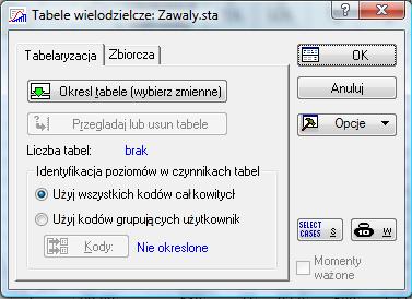 Rys. 14. Okno definiowania Tabele wielodzielcze. 2. W celu sporządzenia tabeli dwudzielczej na karcie Statystyka kliknij przycisk Statystyki podstawowe.