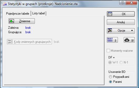 palącymi, czy też osobami niepalącymi. 1. Otwórz plik Nadciśnienie.sta. Ze wstążki wybierz kartę Statystyka i Statystyki podstawowe.