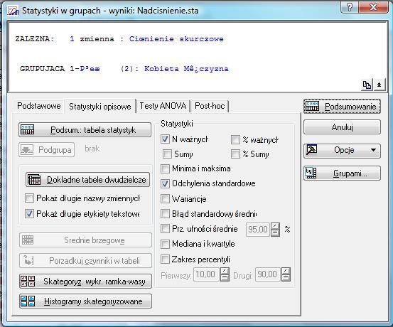 Przechodząc na kartę Statystyki opisowe można np. wybrać rodzaj statystyk, które zostaną wyświetlone w arkuszu z wynikami (Rys. 32). Rys. 32. Okno wyników analizy Statystyki w grupach wyniki 3.