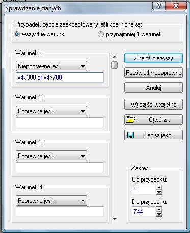 Rys. 11. Okno Sprawdzanie danych z wprowadzonymi warunkami 3. Mamy teraz możliwość sprawdzenia czy przypadki zawarte w pliku danych spełniają podany warunek.