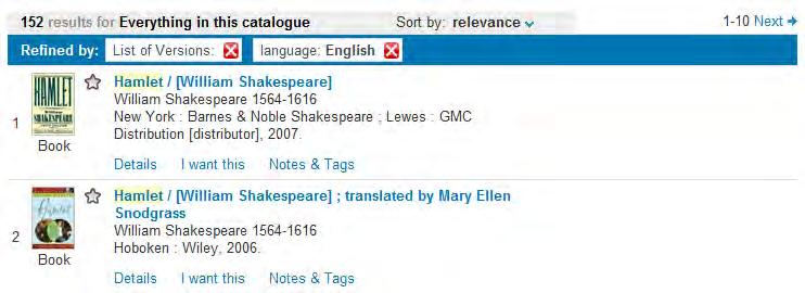 FRBR jako model danych bibliograficznych 139 Il. 6. Wyniki wyszukiwania zawężone do listy wydań dzieła Hamlet W. Szekspira w języku angielskim.