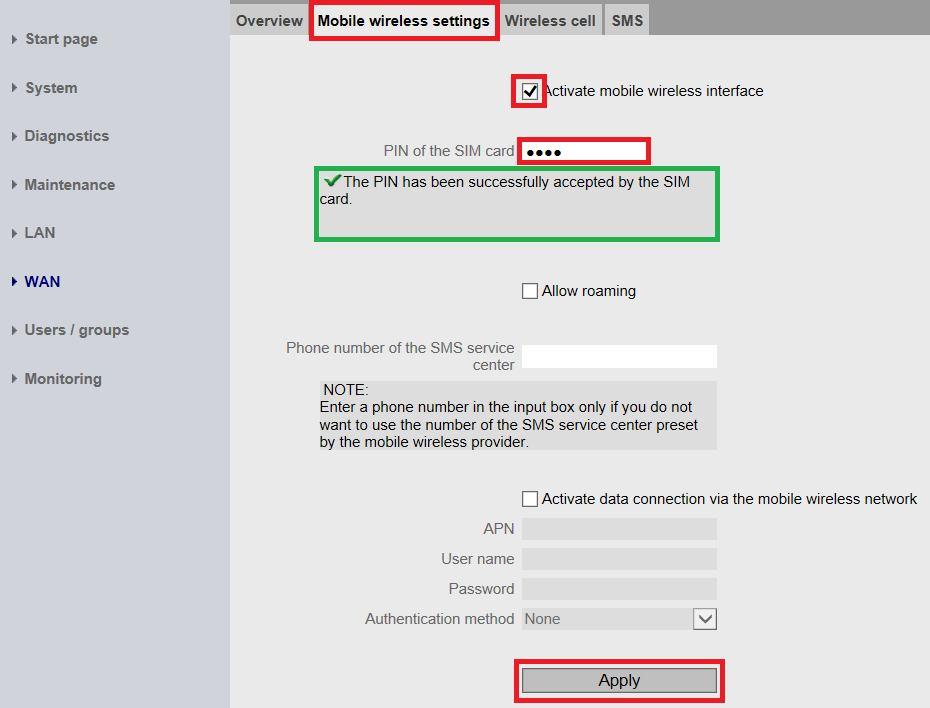 slocie. Klikając w opcje WAN i wybierając zakładkę Mobile wireless settings można aktywować kartę SIM.