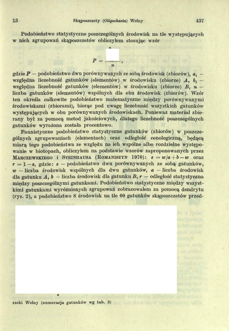 13 Skąposzczety (Oligochaeta) Wełny 437 Podobieństwo statystyczne poszczególnych środowisk na tle występujących w nich zgrupowań skąposzczetów obliczyłem stosując wzór p = gdzie P podobieństwo dwu