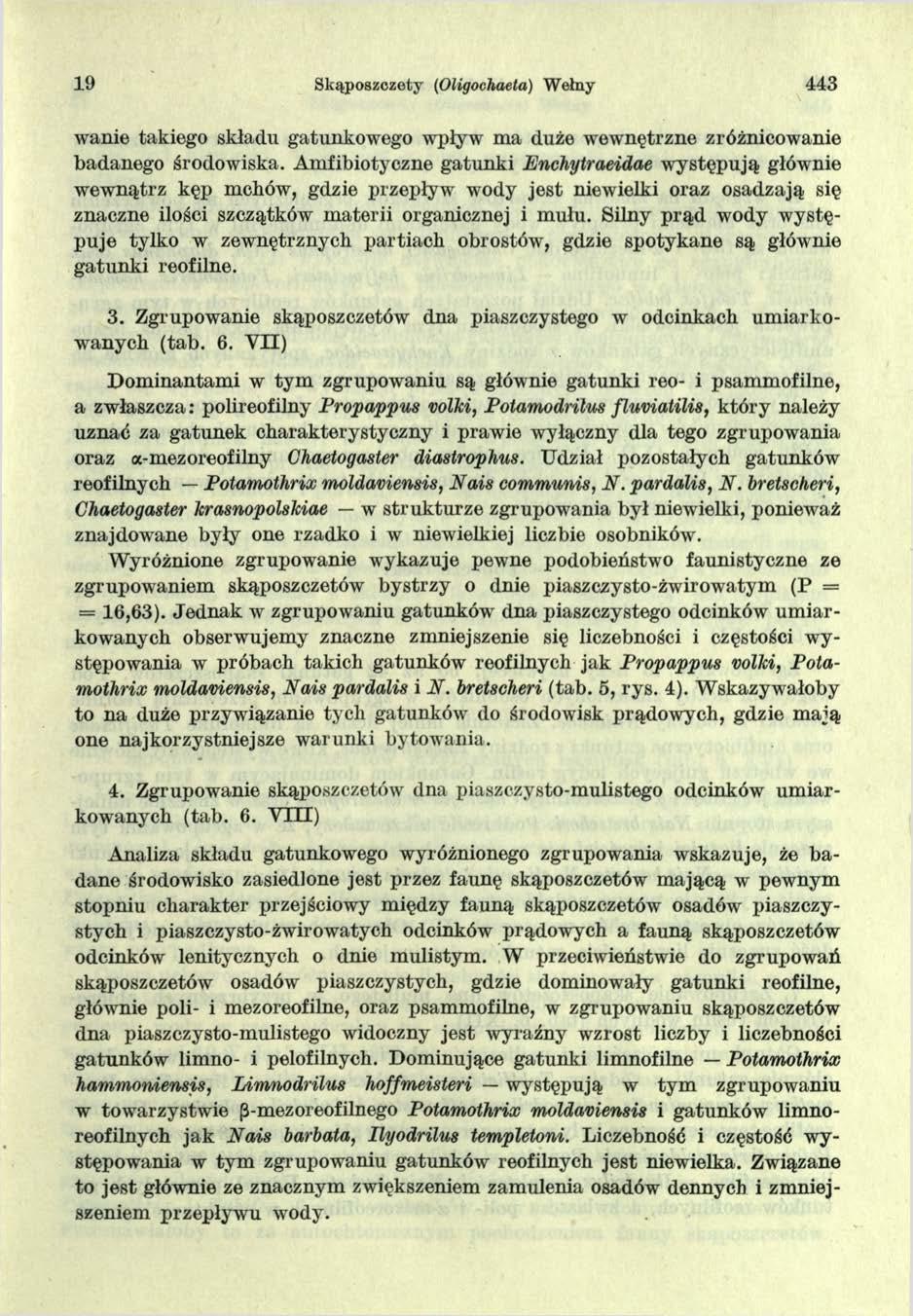 19 Skąposzczety (Oligochaela) Wełny 443 wanie takiego składu gatunkowego wpływ ma duże wewnętrzne zróżnicowanie badanego środowiska.