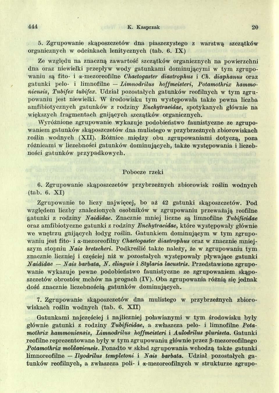 444 K. Kasprzak 20 5. Zgrupowanie skąposzczetów dna piaszczystego z warstwą szczątków organicznych w odcinkach lenitycznych (tab. 6.