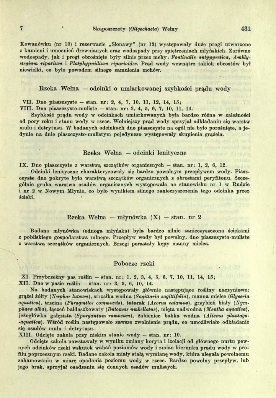 7 Skąposzczety (Oligochaeta) Wełny 431 Kowanówku (nr 10) i rezerwacie Słonawy (nr 13) występowały duże progi utworzone z kam ioni i umocnień drewnianych oraz wodospady przy spiętrzeniach m łyńskich.