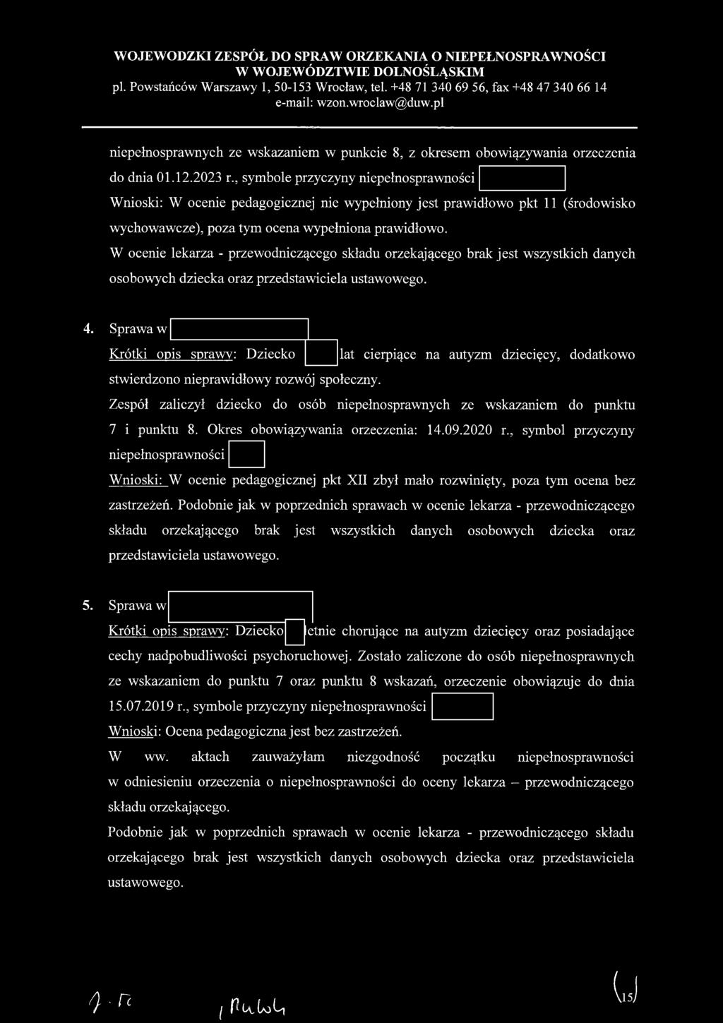 W ocenie lekarza - przewodniczącego składu orzekającego brak jest wszystkich danych osobowych dziecka oraz przedstaw iciela ustawowego. 4.