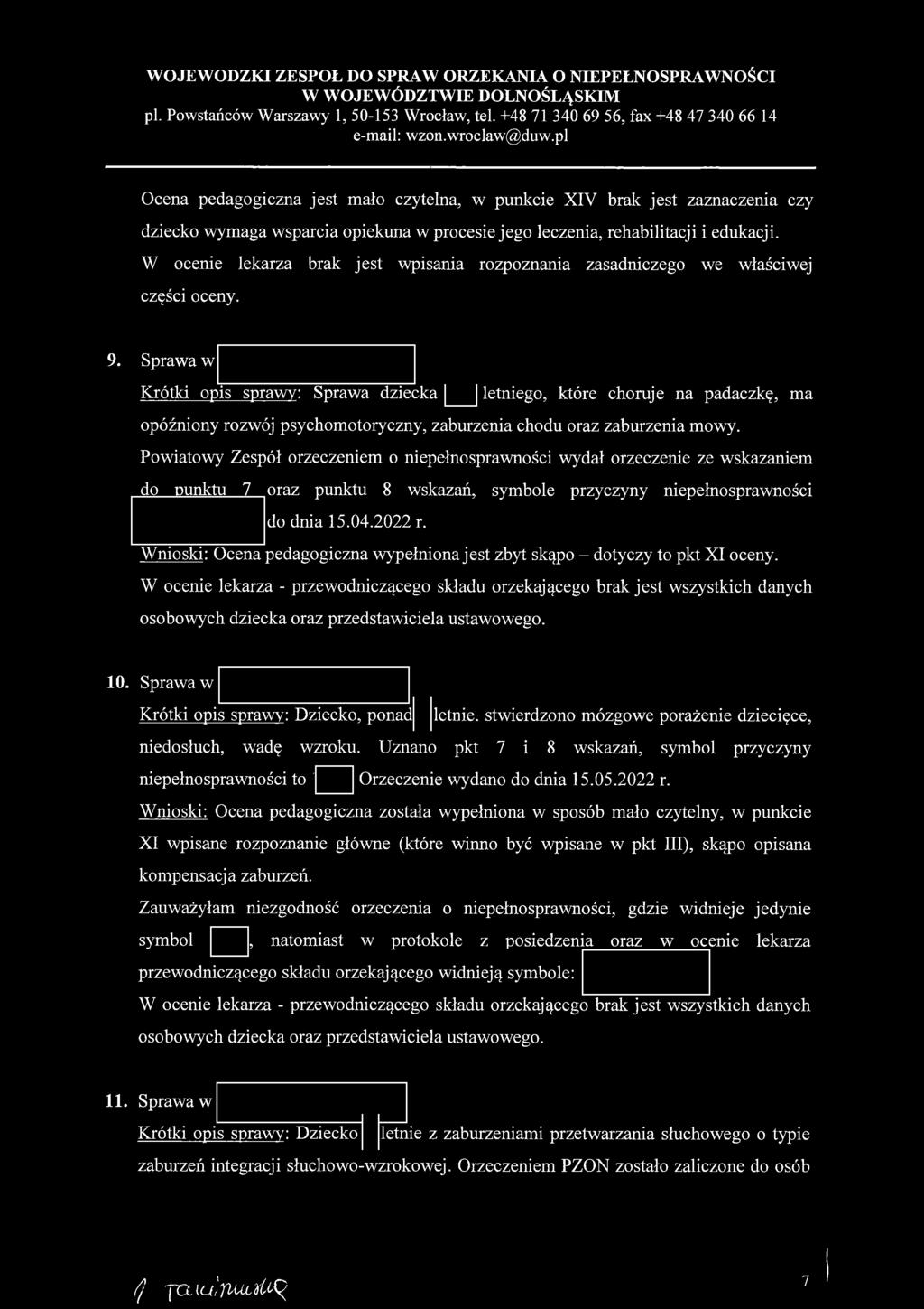 Sprawa w Krótki opis sprawy: Sprawa dziecka U letniego, które choruje na padaczkę, m a opóźniony rozwój psychomotoryczny, zaburzenia chodu oraz zaburzenia mowy.