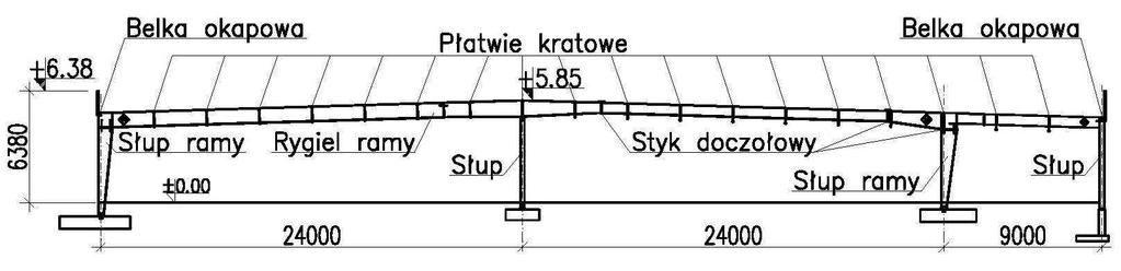 Konstrukcje stalowe 800 10 mm i przekrojach pasów od 300 16 mm do 300 24 mm. Słupy środkowe naw głównych wykonano z rur 219.1 7.
