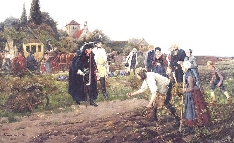 Pod Prusakami Fryderyk Wielki osobiście sprawdzał, czy jego polecenia odnośnie uprawy ziemniaków są wypełniane. Obraz Roberta Warthmüllera z 1886 r.