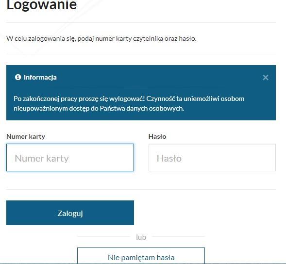 Logowanie do katalogu INTEGRO Do zalogowania niezbędny jest numer karty bibliotecznej i hasło: numer karty znajduje się na karcie