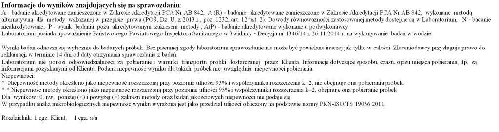 1.215 bakteriologia: 12-14.1.215 Załączniki: 1/ Protokół nr 793/215 z pobierania/przekazania próbek Próbkę pobrał