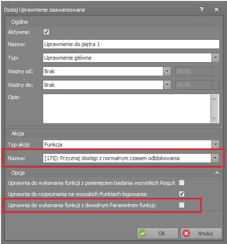 W otwartym oknie wybierz przycisk Dodaj, nadaj nazwę Uprawnieniu, przypisz funkcję [175], przy założeniu że została ona wcześniej zmieniona dla logowania zwykłego na Punkcie logowania (jeżeli nie to