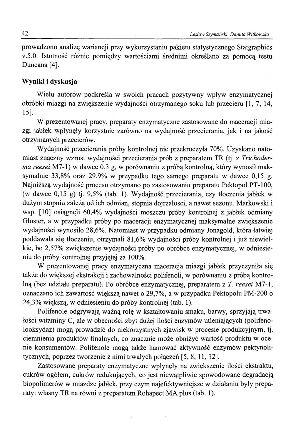42 Lesław Szymański, Danuta Witkowska prowadzono analizę wariancji przy wykorzystaniu pakietu statystycznego Statgraphics V.5.O.
