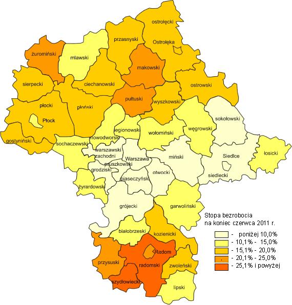 W odniesieniu do czerca 2010 r. stopa bezrobocia dla ojeództa zrosła o 0,3 punktu procentoego ( kraju zrost o 0,1 punktu procentoego).
