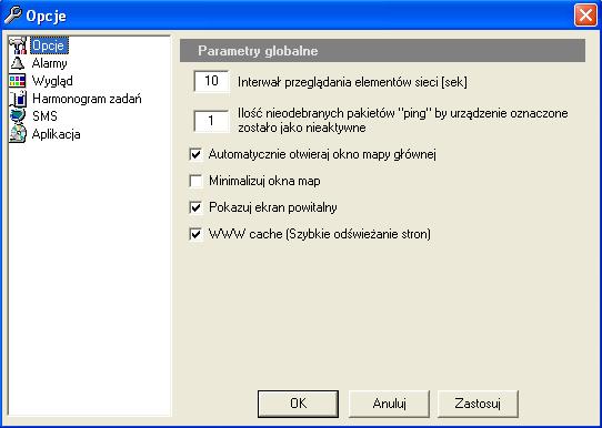 2.2 Opcje W opcjach mamy możliwość dokonania ustawień działania aplikacji. Podzielone są one na 6 grup: Parametry globalne Alarmy Wygląd Harmonogram zadań SMS Aplikacja 2.2.1 Parametry globalne W