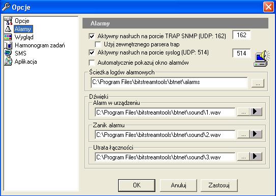 2.2.2 Alarmy W ustawieniach alarmów mamy możliwość następujących ustawień: Wybór portu nasłuchu SNMP Wybór portu nasłuchu syslog Automatyczne pokazywanie okna alarmów Katalog logów alarmowych