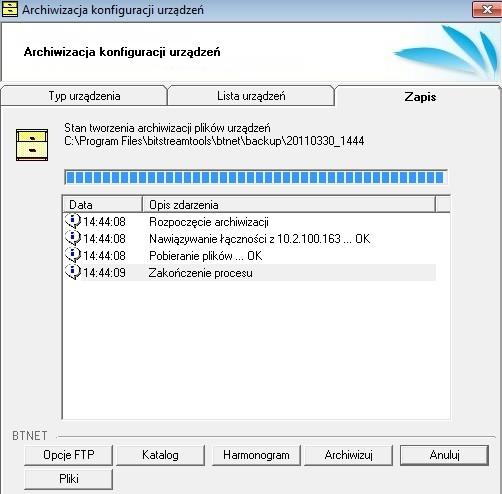 Okno archiwizacji konfiguracji lista urządzeń W zakładce Zapis mamy możliwość wyboru katalogu docelowego zgrywanych konfiguracji oraz szybkie przejście do