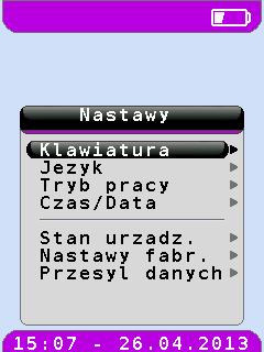 7 Menu konfiguracji Ustawienia Wywołanie menu konfiguracji Ustawienia (kolor menu: fioletowy) Menu konfiguracji Ustawienia można uruchomić z strony startowej analizatora spalin lub z menu głównego