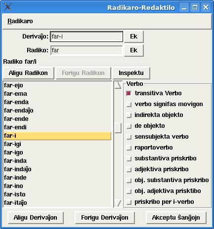 Dokumentaro de Programo Esperantilo 13 Vortaroj analizo, do gramatika korektado. Oni lanĉas la redaktilon por esperanta radikaro per menuo: Lingvistiko >Radikaro Redaktilo.