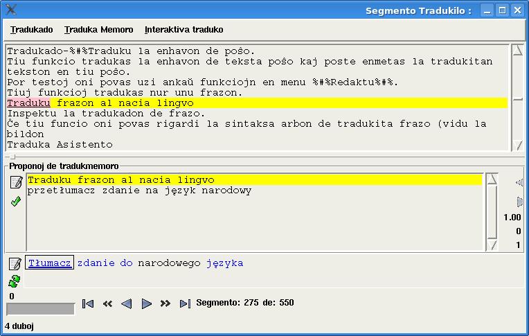 Li povas elekti alian sinonimon aŭ agordi la gramatikon aŭ vortordo Prepari la tradukadon tute mane Iri al alia loko en la teksto La ĉefa fenestro de traduka asistanto estas la segmenta