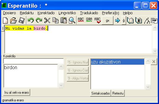 Dokumentaro de Programo Esperantilo 8 Redaktado Bildo 3: Korektado de teksto helpe de korektilo 4.4.2 Literumado Ĉe literumado la programo korektas nur unuopajn vortojn.