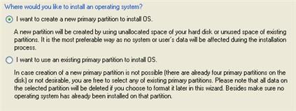 Kreator oferuje następujące etapy wykonania operacji: Partition to install a new operating system. Program oferuje dwa sposoby na zainstalowanie nowego systemu operacyjnego, tzn.