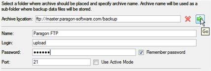 - Archive location. Podaj pełną ścieżkę do wymaganej lokalizacji FTP; - Name. Ustaw nazwę serwera FTP (opcjonalnie); - Login. Podaj nazwę użytkownika dla dostępu do serwera FTP; - Password.
